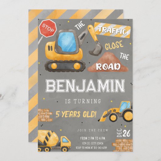 Bouw Birthday Dump Truck Party nodigt uit Kaart (Voorkant / Achterkant)