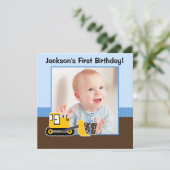 Bouw Blauw Bruin 1e Verjaardag Jongen Foto Kaart (Staand voorkant)