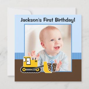 Bouw Blauw Bruin 1e Verjaardag Jongen Foto Kaart