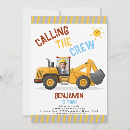 Bouw Bulldozer Crew Boy 2e Verjaardag Foto Kaart (Voorkant)