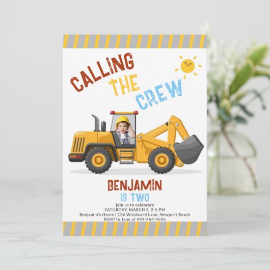 Bouw Bulldozer Crew Boy 2e Verjaardag Foto Kaart (Staand voorkant)