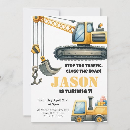 Bouw Bulldozer Kids Verjaardagsfeest Kaart (Voorkant)