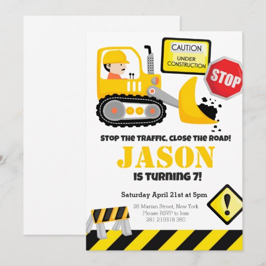 Bouw Bulldozer Kids Verjaardagsfeest Kaart (Voorkant / Achterkant)