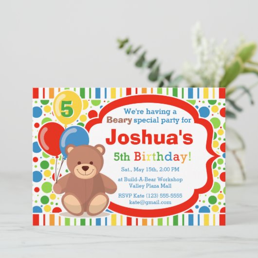 Bouw de verjaardagsfeestuitnodiging van een Beer B Kaart (Staand voorkant)