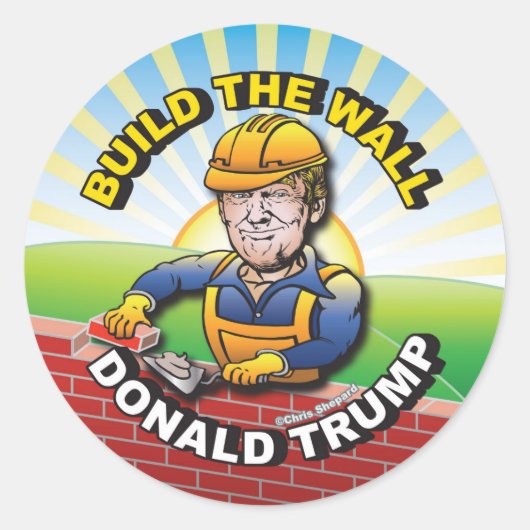 BOUW DE WALL DONALD TRUMP BRICK LAYER MASON USA RONDE STICKER (Voorkant)