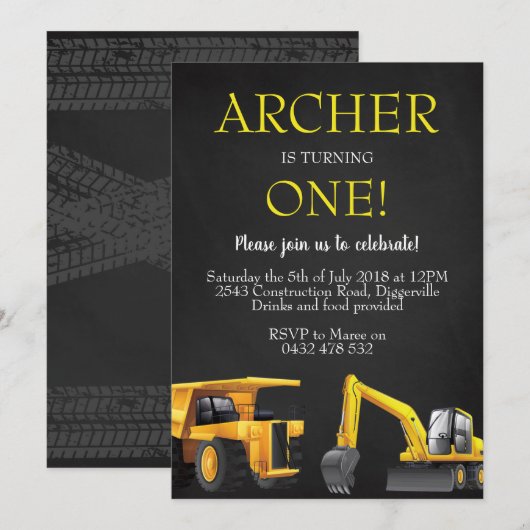 Bouw Digger Boy Verjaardag Uitnodiging (Voorkant / Achterkant)