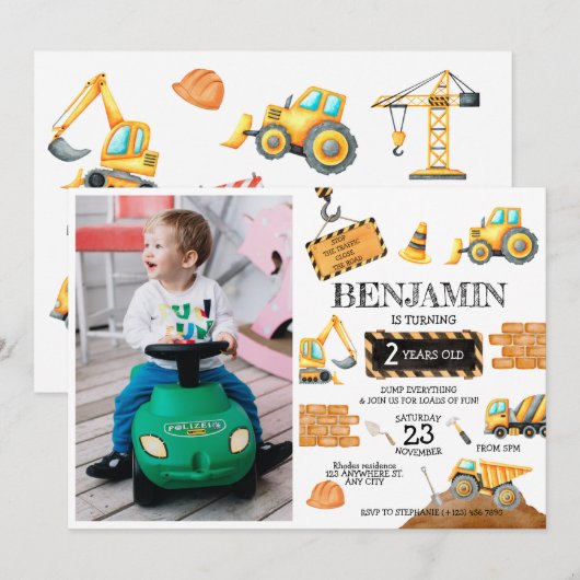 Bouw Digger Trucks 1e verjaardagsfeestje Kaart (Voorkant / Achterkant)