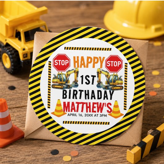 Bouw Dump Truck 1e Verjaardagsfeestje Ronde Sticker