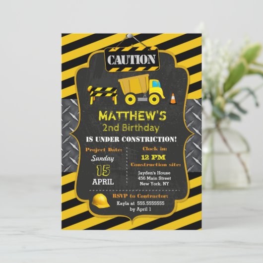 Bouw Dump Truck Birthday Invitations Kaart (Staand voorkant)