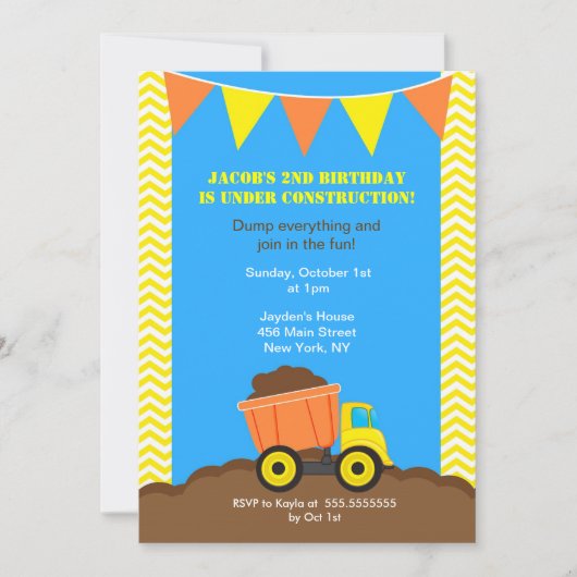 Bouw Dump Truck Birthday Invitations Kaart (Voorkant)