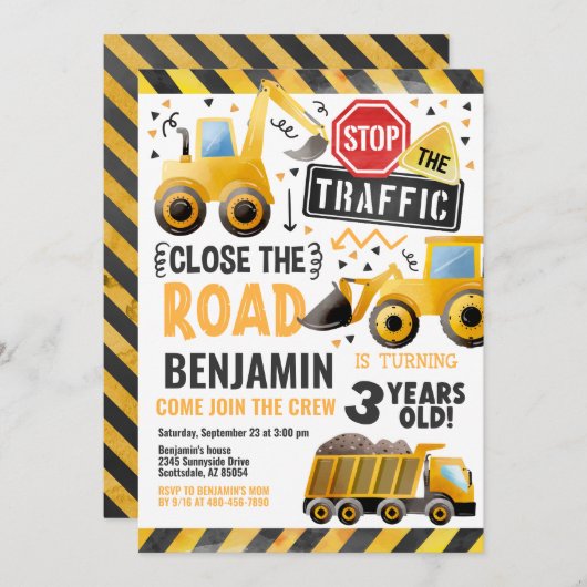 Bouw Dump Truck Birthday Party nodigt uit Kaart (Voorkant / Achterkant)