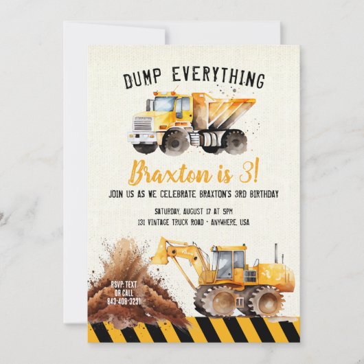 Bouw Dump Truck Birthday Party nodigt uit Kaart (Voorkant)