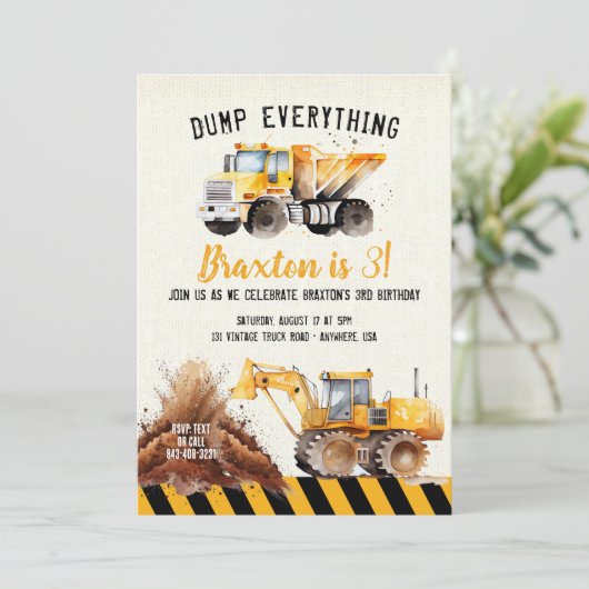 Bouw Dump Truck Birthday Party nodigt uit Kaart (Staand voorkant)