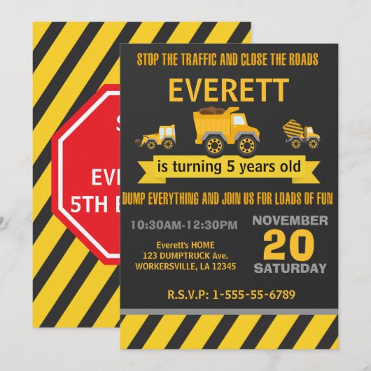 Bouw Dump Truck Birthday Party nodigt uit Kaart (Voorkant / Achterkant)
