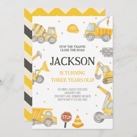 Bouw Dump Truck Birthday Party nodigt uit Kaart (Voorkant / Achterkant)