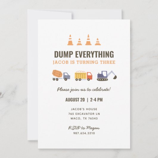 Bouw Dump Truck Birthday Party nodigt uit Kaart (Voorkant)