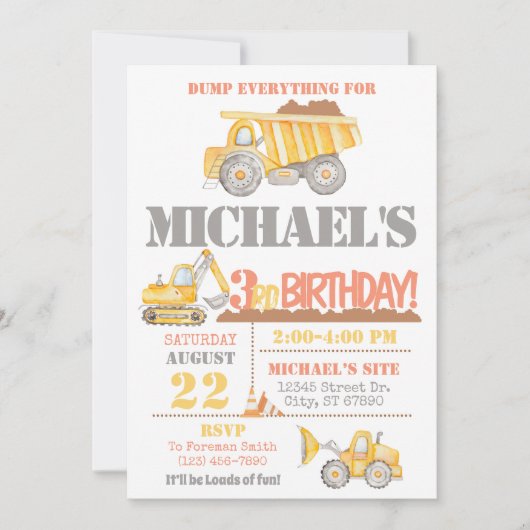 Bouw Dump Truck Birthday Uitnodiging (Voorkant)