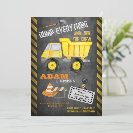 Bouw Dump Truck Birthday Uitnodiging (Staand voorkant)
