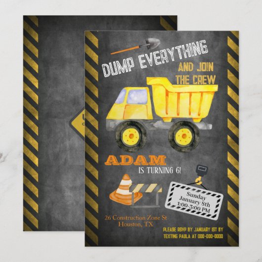 Bouw Dump Truck Birthday Uitnodiging (Voorkant / Achterkant)