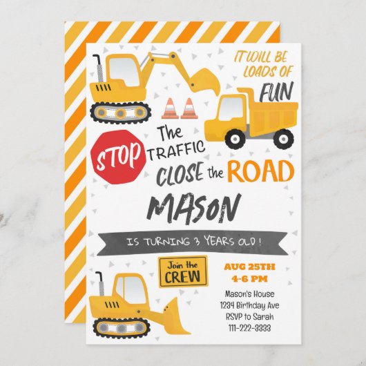 Bouw Dump Truck Birthday Uitnodiging (Voorkant / Achterkant)