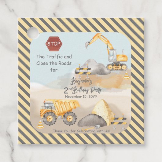 Bouw Dump Truck Boy 2nd Birthday Party Bedankjes Labels (Voorkant)