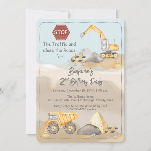 Bouw Dump Truck Boy 2nd Birthday Party Kaart (Voorkant)