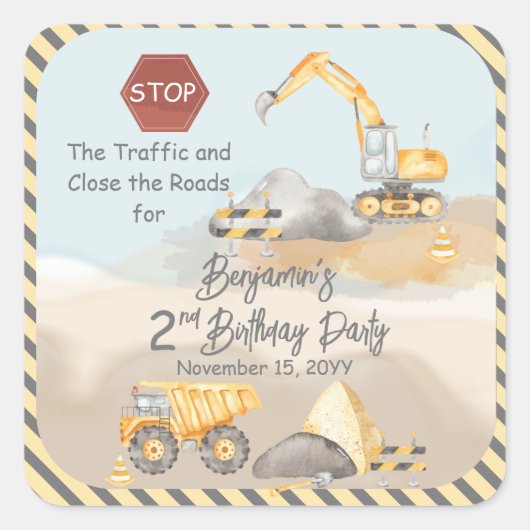 Bouw Dump Truck Boy 2nd Birthday Party Vierkante Sticker (Voorkant)
