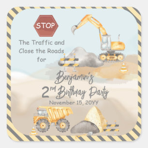 Bouw Dump Truck Boy 2nd Birthday Party Vierkante Sticker