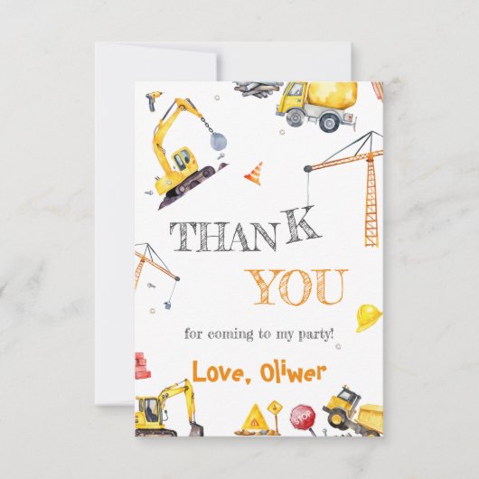 Bouw Dump Truck Boy Verjaardag Geel Bedankkaart (Voorkant)