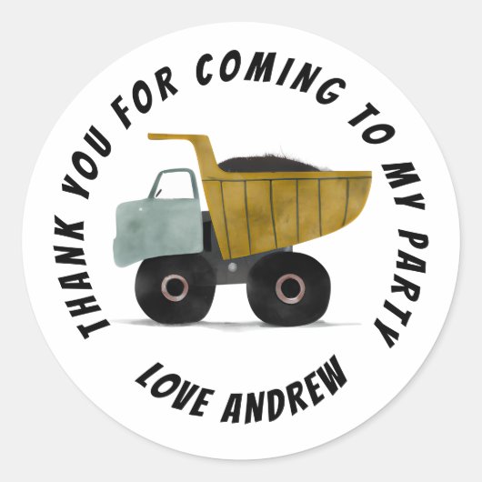 Bouw Dump Truck Dank u Verjaardagsgunst Ronde Sticker (Voorkant)