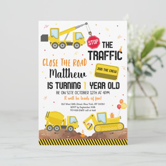 Bouw Dump Truck Digger First Birthday Kaart (Staand voorkant)