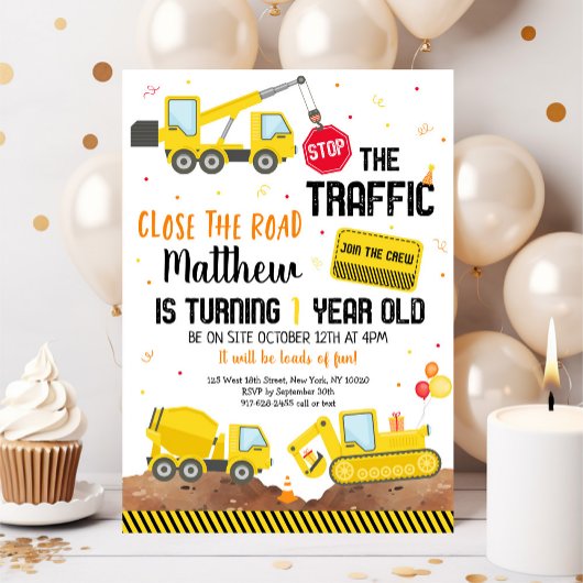Bouw Dump Truck Digger First Birthday Kaart