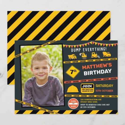Bouw Dump Truck Foto Boy Verjaardagsfeest Kaart (Voorkant / Achterkant)