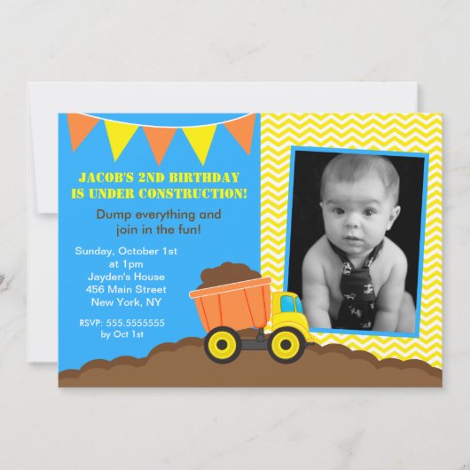 Bouw Dump Truck Photo Birthday Invitations Kaart (Voorkant)