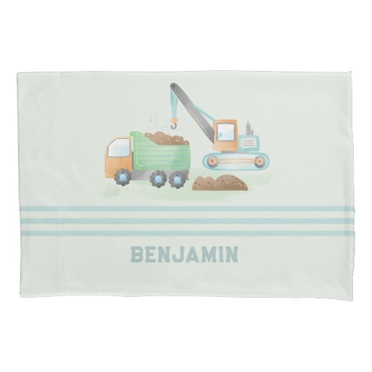Bouw Dump Truck Soft Blue Green Boy Name Kussensloop (Voorkant)