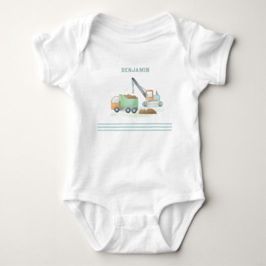 Bouw Dump Truck Soft Green Blue Boy Name Romper (Voorkant)