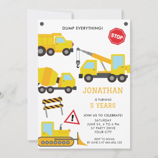 Bouw Dump Truck verjaardag uitnodiging (Voorkant)