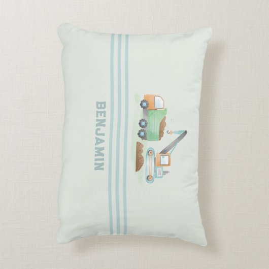 Bouw Dump Truck Zacht Blauw Groen Jongens Naam Accent Kussen (Achterkant (Verticaal))