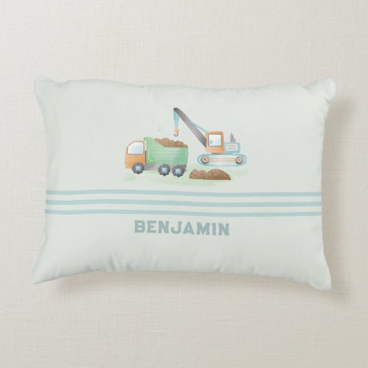 Bouw Dump Truck Zacht Blauw Groen Jongens Naam Accent Kussen (Achterkant)
