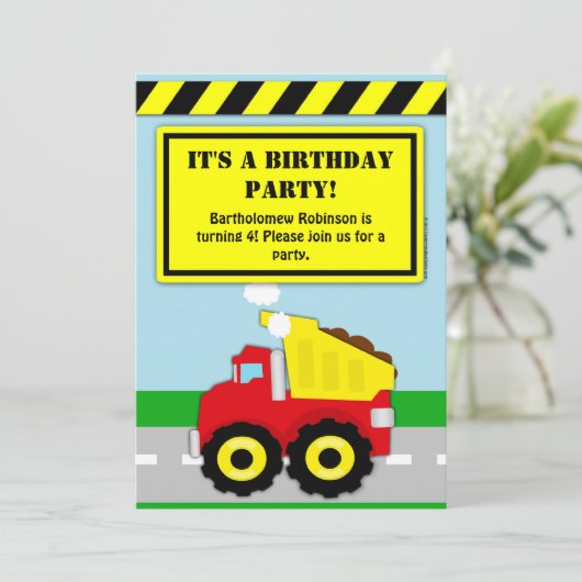 Bouw Dumptruck Jongens Verjaardag Uitnodiging (Staand voorkant)