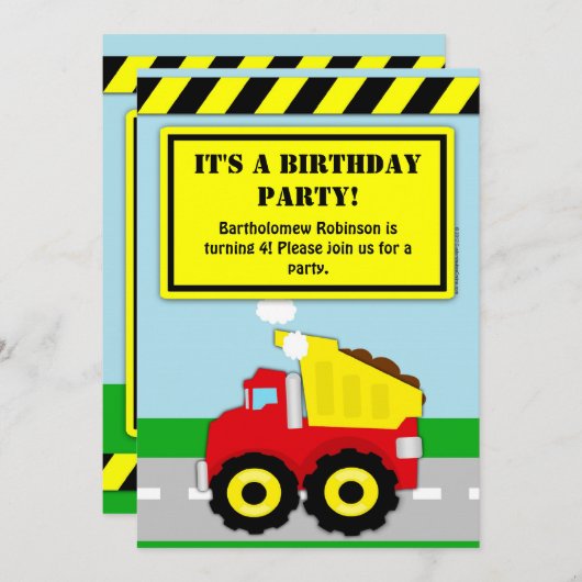 Bouw Dumptruck Jongens Verjaardag Uitnodiging (Voorkant / Achterkant)