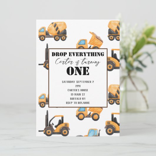 Bouw Eerste Verjaardag Uitnodiging (Staand voorkant)