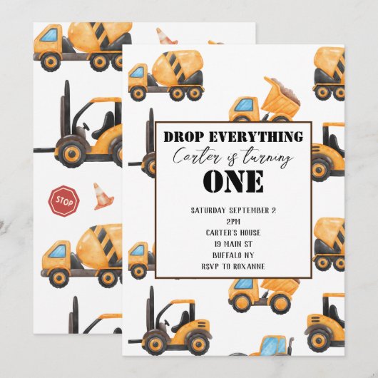 Bouw Eerste Verjaardag Uitnodiging (Voorkant / Achterkant)