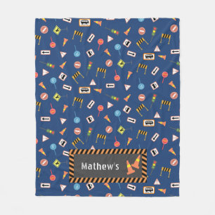 Bouw- en verkeerstekens blauw. Fleece Deken
