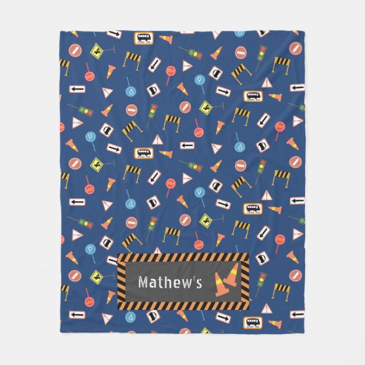 Bouw- en verkeerstekens blauw. Fleece Deken (Voorkant)