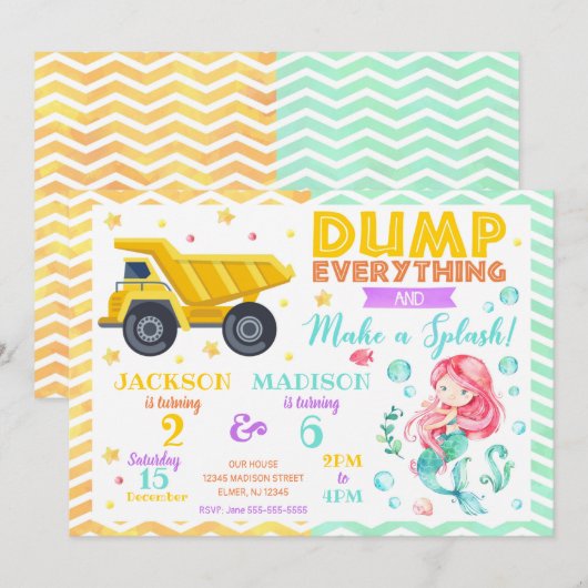 Bouw en Zeemeermin gezamenlijke verjaardag uitnodi Kaart (Voorkant / Achterkant)