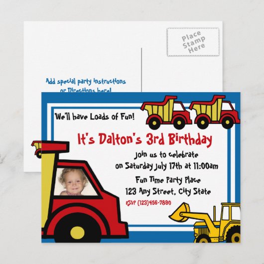 Bouw Fun / Dump Truck Foto Uitnodiging Briefkaart (Voorkant / Achterkant)