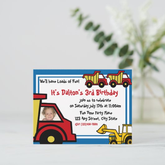 Bouw Fun / Dump Truck Foto Uitnodiging Briefkaart (Staand voorkant)