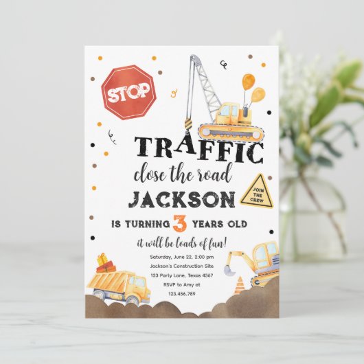Bouw Gele Dump Truck Boy Birthday Invita Kaart (Staand voorkant)