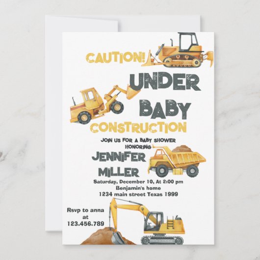 Bouw Gele Dump Truck Digger Baby shower Kaart (Voorkant)